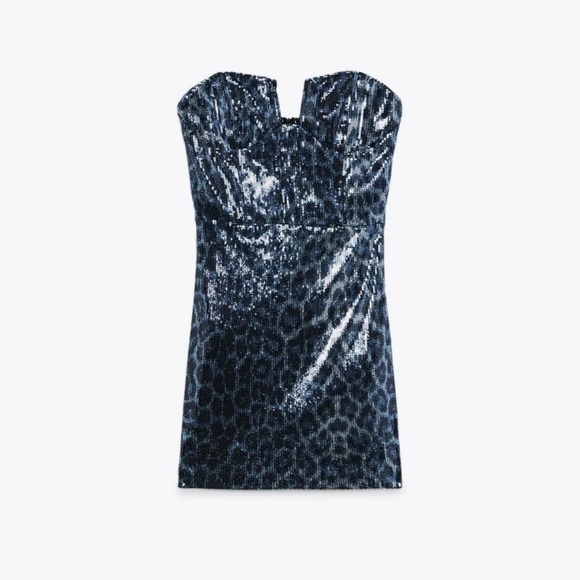 NWT ZARA Short Blue Black Sequin Dress Animal Leopard Print Strapless Corset - Picture 2 of 8